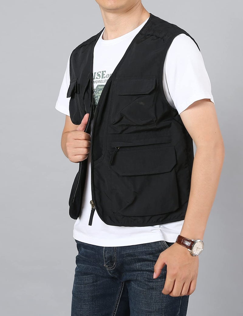 Flygo Men's Utility Cargo Vest Outdoor Summer Work Photo Fishing Safari Travel Vest with Pockets(01Black-M) - Image 5
